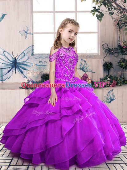 Floor Length Purple Pageant Gowns For Girls Organza Sleeveless Beading and Ruffled Layers - Click Image to Close