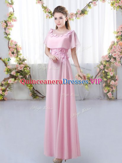 Low Price Rose Pink Chiffon Zipper Quinceanera Court of Honor Dress Short Sleeves Floor Length Appliques - Click Image to Close
