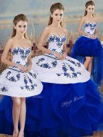 Sexy Sleeveless Floor Length Embroidery and Ruffles and Bowknot Lace Up Quinceanera Dresses with Royal Blue