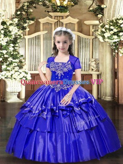 Wonderful Blue Ball Gowns Straps Sleeveless Taffeta Floor Length Lace Up Beading and Ruffled Layers Pageant Dress Wholesale - Click Image to Close
