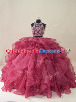 Best Burgundy Sleeveless Beading and Ruffles Backless Quinceanera Dress