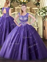 Purple Sleeveless Tulle Lace Up Quinceanera Dress for Sweet 16 and Quinceanera