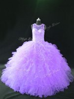 Sexy Lavender Ball Gowns Organza Scoop Sleeveless Beading and Ruffles Floor Length Lace Up Sweet 16 Dress