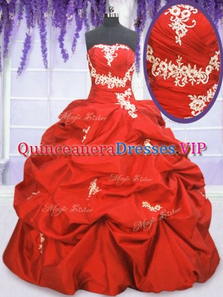 Unique Coral Red Ball Gowns Taffeta Strapless Sleeveless Appliques and Ruching and Pick Ups Floor Length Lace Up Quinceanera Dress