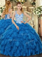 Sophisticated Blue Quince Ball Gowns Sweet 16 and Quinceanera with Beading and Ruffles Straps Sleeveless Lace Up