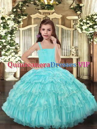 Amazing Aqua Blue Lace Up Kids Pageant Dress Ruffled Layers Sleeveless Floor Length