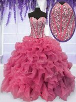 Clearance Beading and Ruffles Ball Gown Prom Dress Pink Lace Up Sleeveless Floor Length