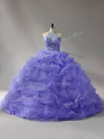 Lavender Sweet 16 Dress Sweet 16 and Quinceanera with Beading and Pick Ups Halter Top Sleeveless Court Train Lace Up