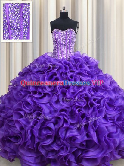 Flare Visible Boning Purple Lace Up Quince Ball Gowns Beading and Ruffles Sleeveless Floor Length - Click Image to Close