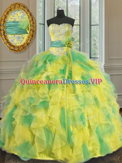 Halter Top Multi-color Sleeveless Floor Length Beading and Appliques and Ruffles and Sashes ribbons and Hand Made Flower Lace Up Quince Ball Gowns - Click Image to Close