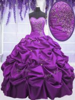 Purple Taffeta Lace Up 15 Quinceanera Dress Sleeveless Floor Length Appliques and Pick Ups