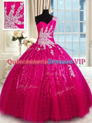 Dramatic Ball Gowns Quinceanera Gowns Hot Pink One Shoulder Tulle and Sequined Sleeveless Floor Length Lace Up