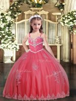 Watermelon Red Ball Gowns Tulle Straps Sleeveless Beading and Appliques Floor Length Lace Up Little Girl Pageant Dress
