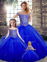 Hot Sale Floor Length Royal Blue Quince Ball Gowns Tulle Sleeveless Beading and Ruffles