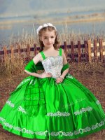 Customized Sleeveless Satin Floor Length Lace Up Winning Pageant Gowns in Green with Beading and Embroidery