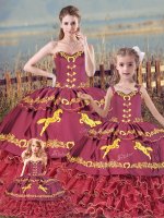 Custom Made Burgundy Ball Gowns Sweetheart Sleeveless Satin and Organza Floor Length Zipper Embroidery and Ruffled Layers Quinceanera Dress