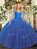 Floor Length Ball Gowns Long Sleeves Blue Sweet 16 Dress Lace Up