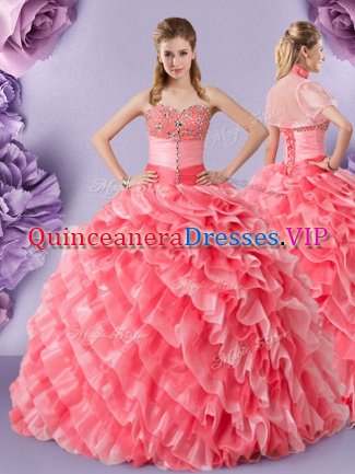 Floor Length Watermelon Red Quinceanera Dresses Sweetheart Sleeveless Lace Up