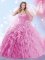 Beading and Ruffles 15th Birthday Dress Rose Pink Lace Up Sleeveless Brush Train