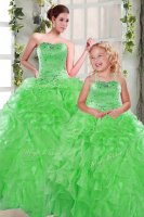 Green Organza Lace Up Ball Gown Prom Dress Sleeveless Floor Length Beading and Ruffles