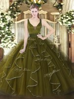 Floor Length Zipper Quinceanera Dress Olive Green for Military Ball and Sweet 16 and Quinceanera with Beading and Ruffles