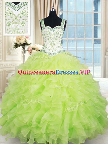 Edgy Straps Yellow Green Sleeveless Floor Length Beading and Ruffles Lace Up Sweet 16 Dress - Click Image to Close