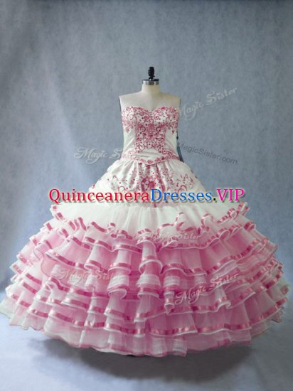 Lovely Sleeveless Floor Length Embroidery and Ruffled Layers and Bowknot Lace Up Quince Ball Gowns with Pink And White - Click Image to Close