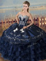 Cheap Sleeveless Floor Length Embroidery and Ruffles Lace Up Sweet 16 Quinceanera Dress with Navy Blue