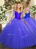 Colorful Floor Length Ball Gowns Long Sleeves Blue Sweet 16 Dress Lace Up