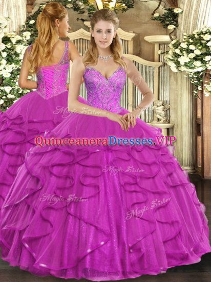 Dramatic Fuchsia Ball Gowns Beading and Ruffles Quinceanera Dresses Lace Up Tulle Sleeveless Floor Length - Click Image to Close