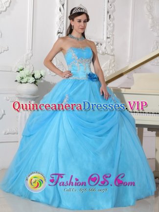 Consuelo Dominican Republic Fashionable Aqua Blue Quinceanera Dress With Strapless Neckline Flowers Decorate On Organza