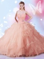 Peach Lace Up High-neck Beading and Ruffles Quince Ball Gowns Tulle Sleeveless