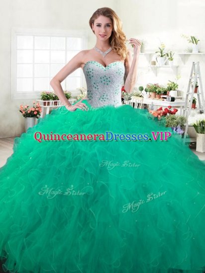 Decent Green Sweetheart Lace Up Beading and Ruffles Quince Ball Gowns Sleeveless - Click Image to Close