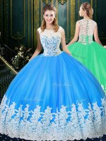 Latest Baby Blue Scoop Neckline Lace and Appliques 15 Quinceanera Dress Sleeveless Zipper