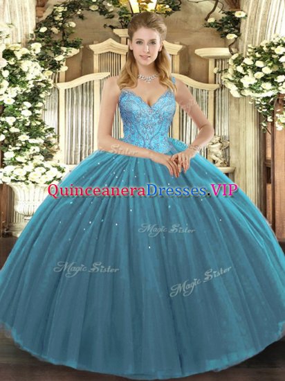 Fashionable Floor Length Teal 15 Quinceanera Dress V-neck Sleeveless Lace Up - Click Image to Close