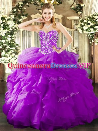 Purple Sweet 16 Dress Military Ball and Sweet 16 and Quinceanera with Beading and Ruffles Sweetheart Sleeveless Lace Up