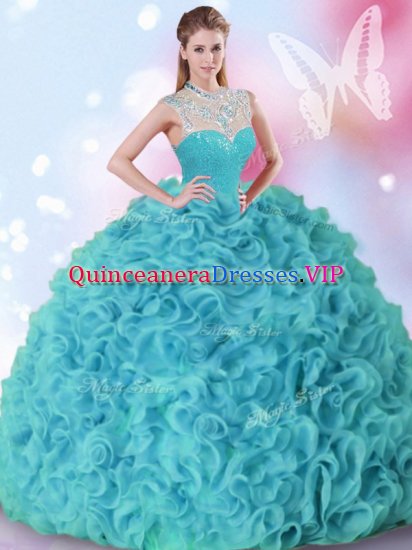 Aqua Blue Sleeveless Organza Zipper 15 Quinceanera Dress for Military Ball and Sweet 16 and Quinceanera - Click Image to Close
