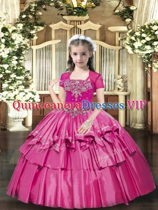 Hot Pink Lace Up Straps Beading Pageant Gowns For Girls Taffeta Sleeveless
