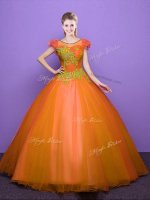 Inexpensive Orange Ball Gowns Tulle Scoop Short Sleeves Appliques Floor Length Lace Up 15 Quinceanera Dress(SKU YCQD0153-7BIZ)