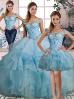 Cute Floor Length Lace Up Quinceanera Dress Light Blue for Military Ball and Sweet 16 and Quinceanera with Beading and Ruffles
