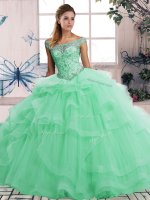 Noble Tulle Off The Shoulder Sleeveless Lace Up Beading and Ruffles Quince Ball Gowns in Apple Green