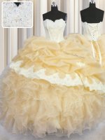 Gold Lace Up Sweetheart Beading and Appliques and Ruffles and Pick Ups Quince Ball Gowns Organza Sleeveless