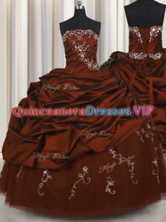 Custom Design Embroidery Floor Length Burgundy 15th Birthday Dress Taffeta Sleeveless Beading and Appliques and Pick Ups