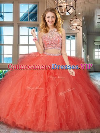 Scoop Orange Red Tulle Backless Quince Ball Gowns Sleeveless Floor Length Beading and Ruffles