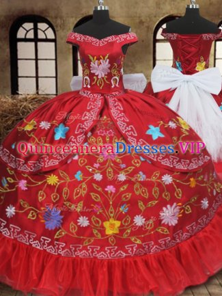 Floor Length Red Quinceanera Gown Off The Shoulder Sleeveless Lace Up
