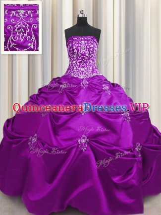 On Sale Eggplant Purple Taffeta Lace Up Military Ball Dresses Sleeveless Floor Length Beading and Appliques and Embroidery