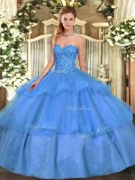 Perfect Baby Blue Lace Up Sweetheart Beading and Ruffled Layers Quinceanera Gowns Tulle Sleeveless