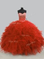 Glorious Rust Red Ball Gowns Sweetheart Sleeveless Tulle Floor Length Lace Up Beading and Ruffles Sweet 16 Quinceanera Dress