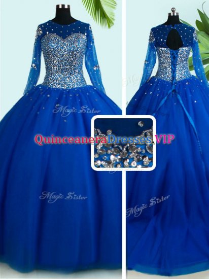 Scoop Royal Blue Long Sleeves With Train Beading Lace Up Quinceanera Gown - Click Image to Close