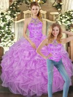 Sweet Sleeveless Floor Length Beading and Ruffles Lace Up Sweet 16 Quinceanera Dress with Lilac